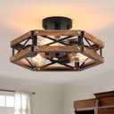 3-Light Rustic Farmhouse Wood Flush Mount Ceiling Light Fixture Oak Wood and Metal Cage Semi Flush Mount Ceiling Light for Hallway Hall Entry Bedroom Kitchen Farmhouse, Black