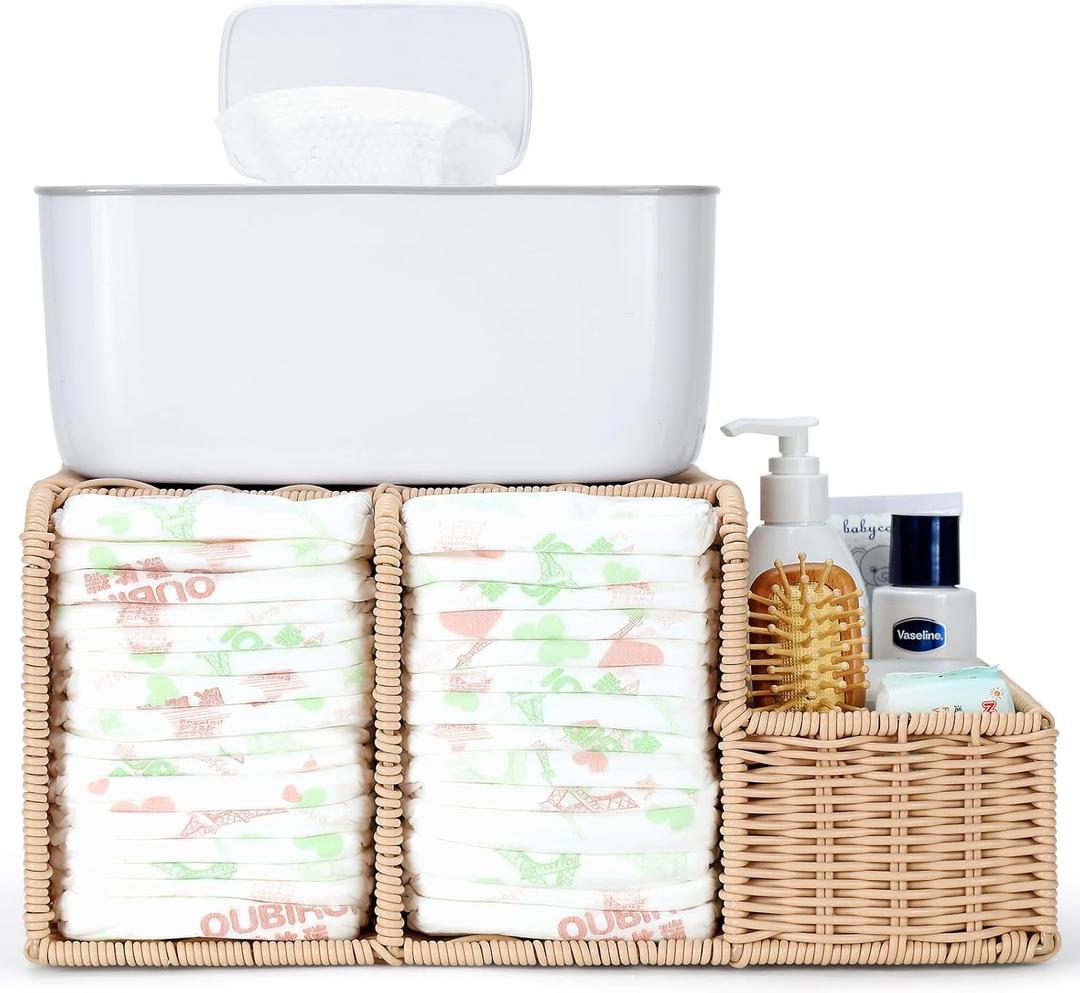Diaper Caddy Organizer, Hand Rattan Nursery Storage Basket for Baby Essentials, Baby Changing Table Organizer Perfect Nursery Assistant (Solid Rattan, M)