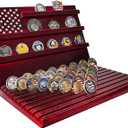 Challenge Coin Display Stand, 13-Row Solid Wood Military Coin Holder with Sloped Base, Holds 80-110 Coins, Coin Holders for Collectors (Burgundy)