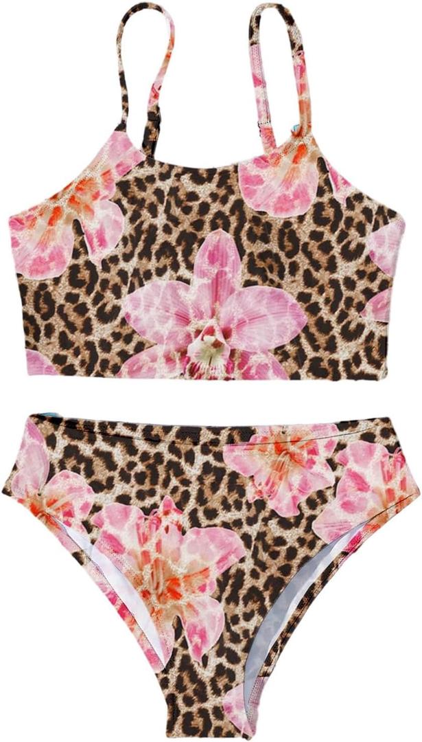 RoseSeek Girls 2 Piece Swimsuit Floral Cheetah Adjustable Straps High Cut Bikini Set Beach Swimwear, 12Y