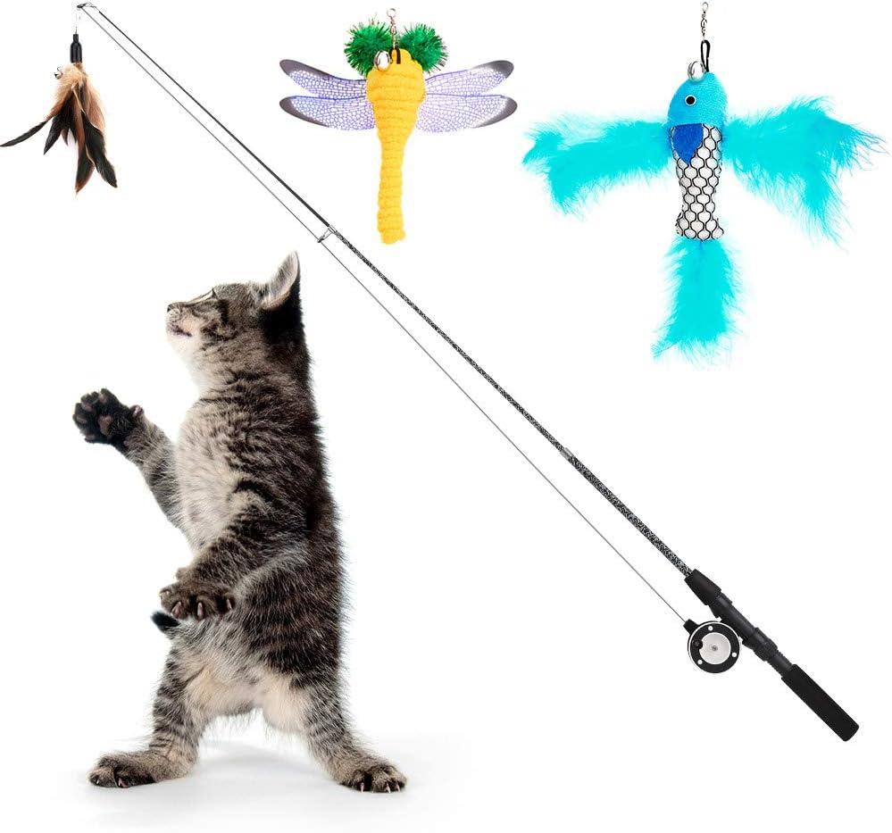 Pawaboo Cat Feather Toys, 4 Pack Interactive Cat Feather Teaser Wand Toys, Retractable Fishing Pole Wand Catcher Exerciser with Refill Fish, Dragonfly Worm with Bells, Fun Cat Kitten Kitty Playing Toy (Brown Blue Yellow)