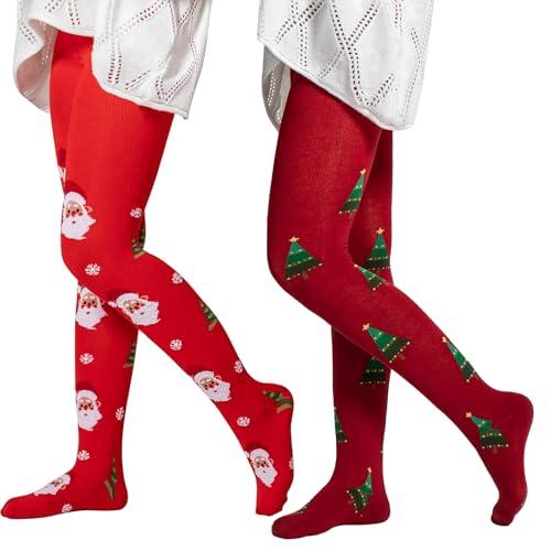 Aaronano 2 Pairs Girls Patterned Red Tights Christmas Holiday Stockings Kids Snowflake Printed Tights for Girls 4-10t (Christmas Tree+Snowflake,Meduim)
