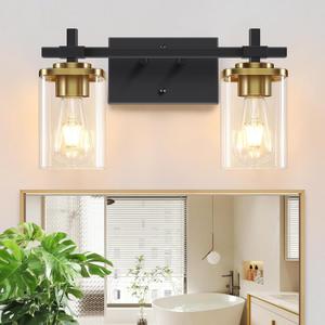 2-Lights Black and Gold Bathroom Light Over Mirror with Square Glass Shade and Metal Base, Gold Wall Vanity Lights for Bedroom, Stairs, Living Room, Hallway