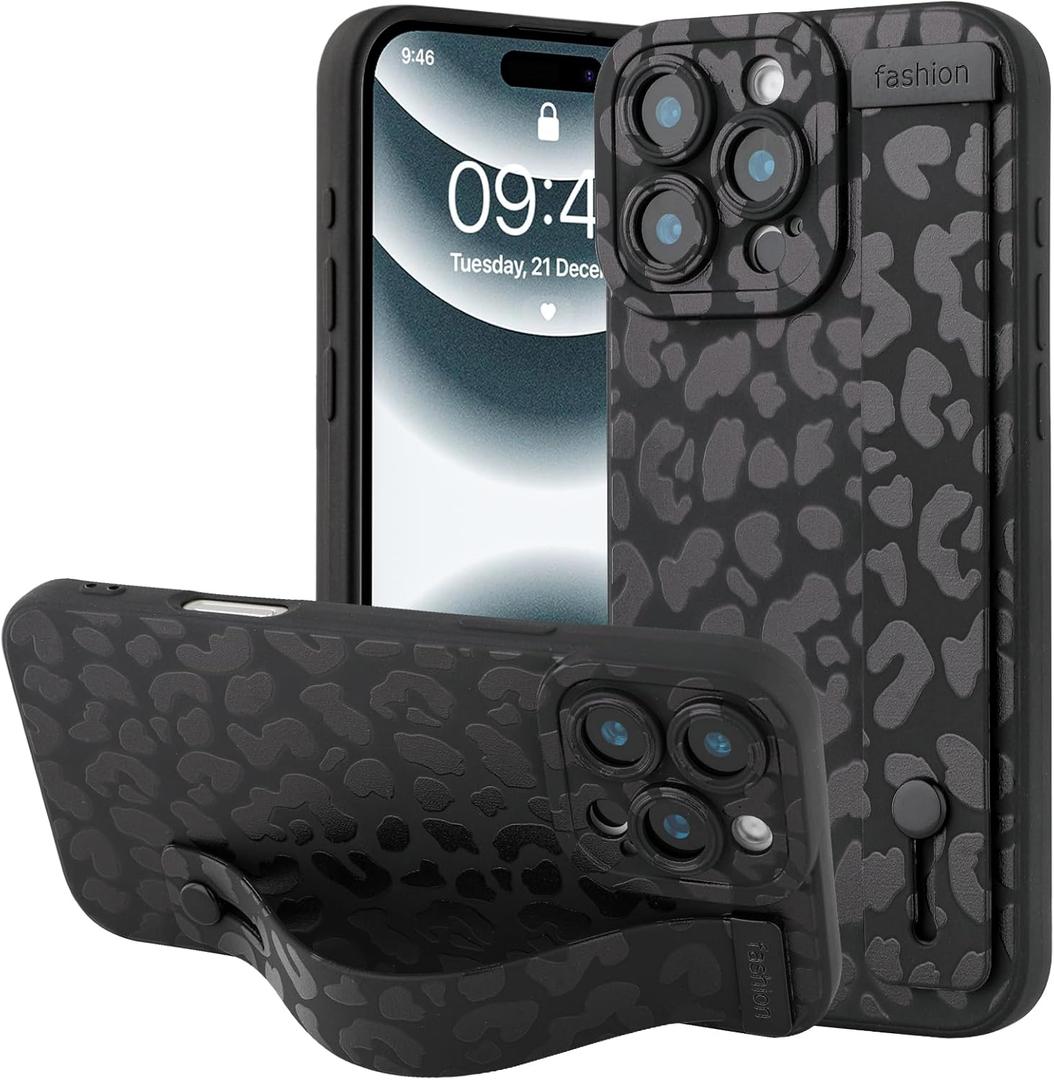 OOK Compatible with iPhone 16 Pro Leopard Case with Wrist Strap, Black Leopard Cheetah TPU Shockproof Protection Slim Cover with Camera Protection for Women Girls, for 6.3inch