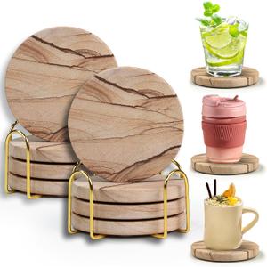 Natural Sandstone Coasters Set of 8 with Holder, 4 in Dia Drink Coasters for Coffee Table, Water Absorbent & Heat Resistant Cup Coaster for Home & Office, Christmas Birthday Gift