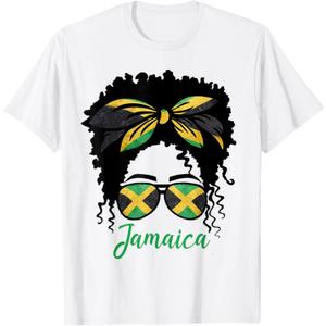 Jamaican Girl Jamaica Flag Pride Black Woman Afro Messy Bun T-Shirt 2XL
