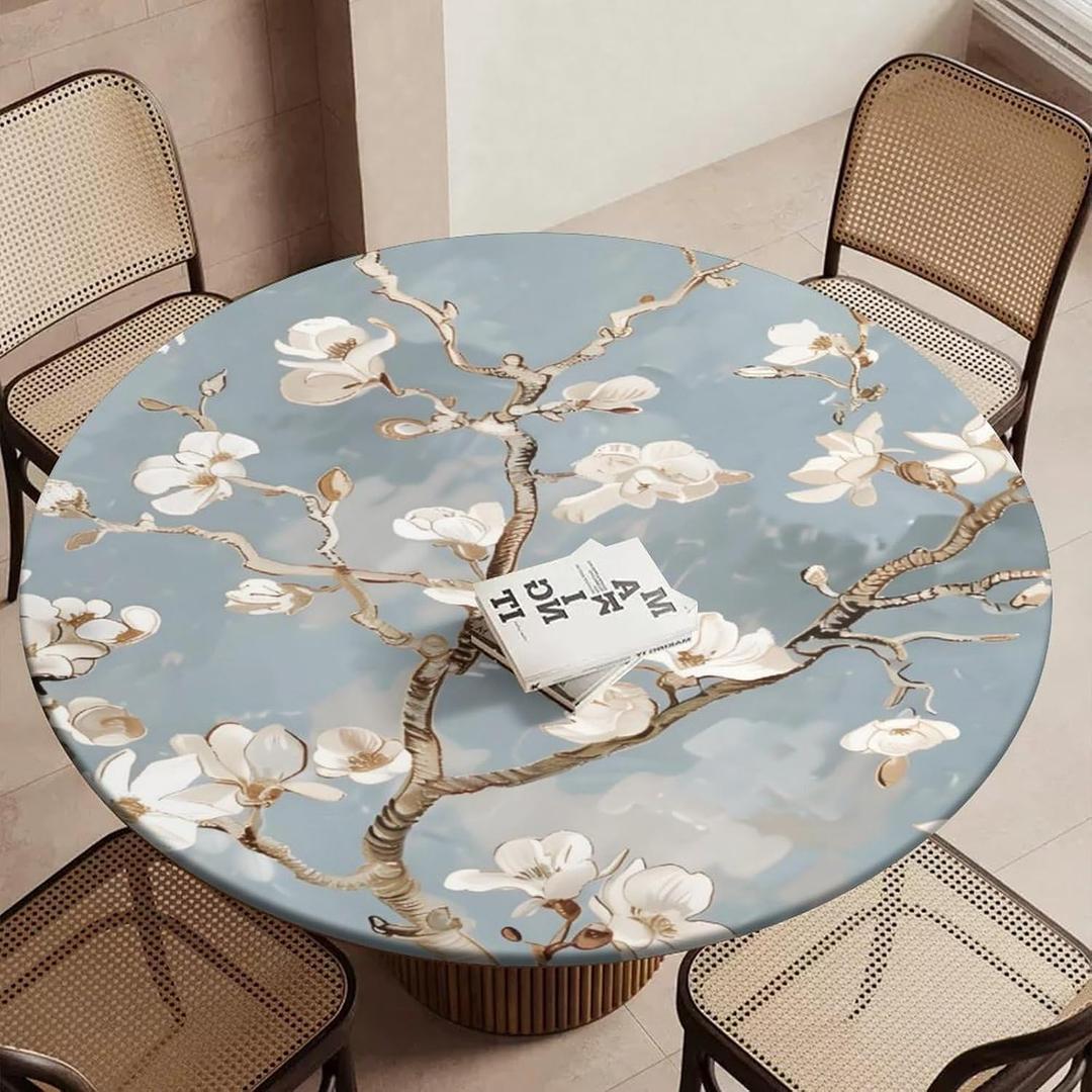 Elegant Flower Round Fitted Tablecloth with Elastic Round Elastic Tablecloth 45"-50" Fitted Table Cover Waterproof Wipeable Circle Table Cloth for Outdoor Picnic
