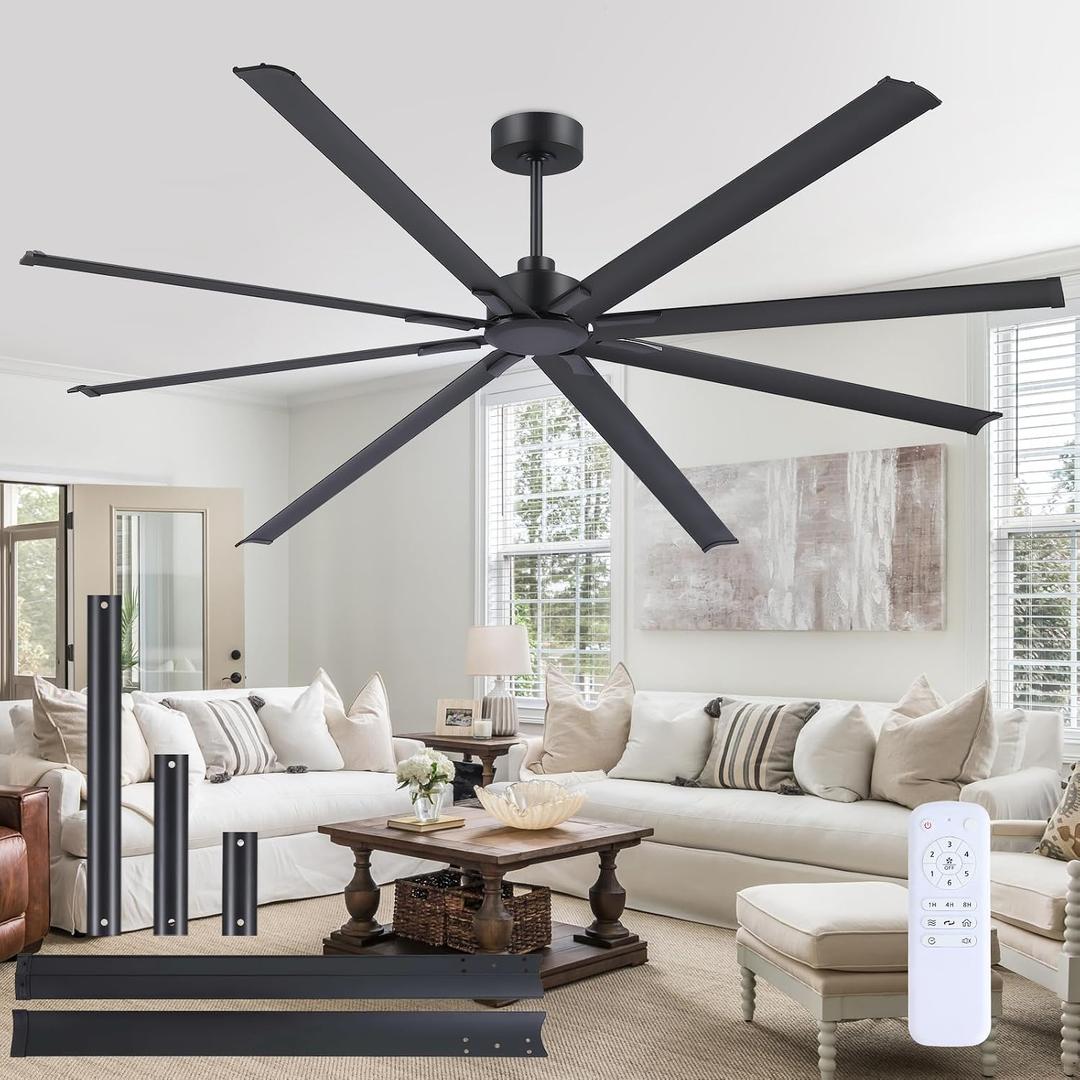 JSAITEE 84 Inch Industrial Ceiling Fan, Reversible Quiet DC Motor, 8 Blades, 3 Downrods, 6 Speed Remote Control, Large No-Light Ceiling Fan for Residential & Commercial Spaces, Garage Shop, Black