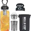 34oz Glass Water Bottle with capacity Mark & Stainless Steel Tea Strainer-Large Capacity for Hot/Cold Drinks,Coffee,Tea,and Water-Includes Protective Sleeve,Perfect for Home,Office (34oz) (Transparent)