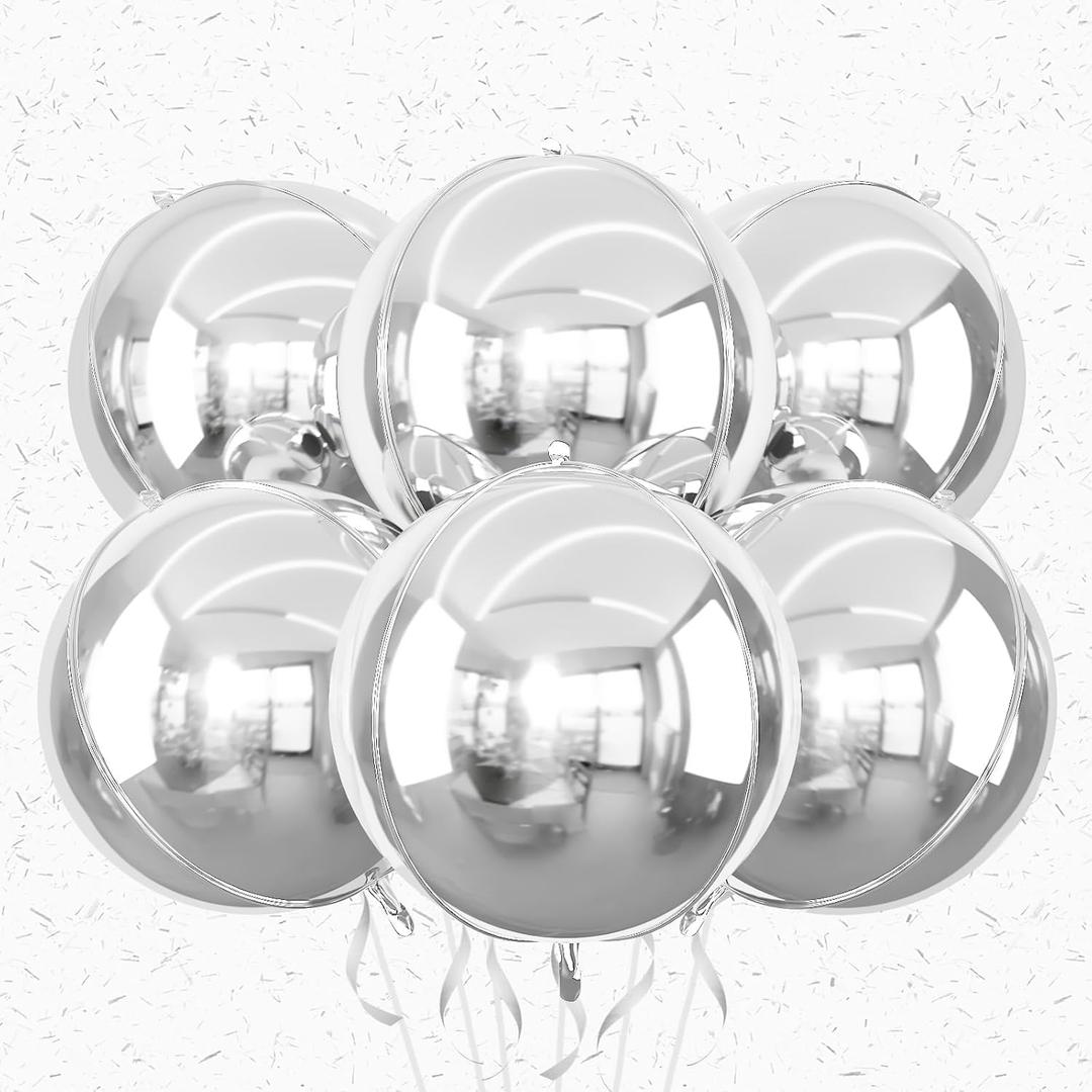 6Pcs Silver Round Foil Balloons,Giant 4D Round Ball Balloons,22 Inch Metallic Silver Balloon for New Years Birthday Wedding Prom Graduation Party Decorations