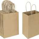 Oikss 50 Pack 5.25x3.25x8.25 Inch Small Brown Gift Bags with Handles Bulk for Birthday Party Favors Grocery Retail Shopping Business Goody Kraft Craft Paper Bags Cub Sacks (Plain Natural 50 Count)