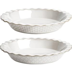 LE TAUCI Pie Pans for Baking 9 Inch, Ceramic Pie Plate for Apple Pie, Round Baking Dish Oven Safe, Embossment Housewarming Wedding Present - 36 OZ, Set of 2, Fireworks + Honey Comb, Arctic White