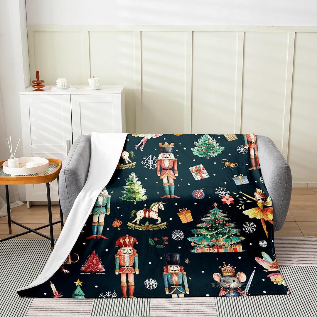 Feelyou Christmas Plush Throw Blanket 40"x50" Kids Nutcracker Flannel Fleece Blanket for Sofa Couch Boys Girls Teens Christmas Tree Gift All Season for Bed Snowflake Xmas Black