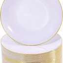 Nervure 100Pieces White with Gold Rim Plastic Plates - 7.5inch Disposable Gold Salad/Dessert Plate - White and Gold Plastic Plates Ideal for Wedding & Party & Thanksgiving