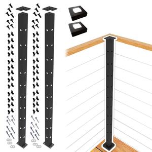 CHR Fence & Rail Cable Railing Post Set, 2pcs Black Cable Railing Corner Post, 42 inch Powder Coated Fence Post, Metal Posts for Cable Railing, Deck Railing, Porch, Balcony, & Indoor or Outdoor (42")