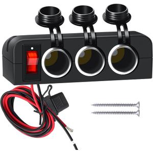12V Power Outlet 3 Socket Cigarette Lighter Splitter, Multiport Cigarette Lighter Socket Car Charger Adapter with Switch, Waterproof 12 Volt Outlet for Marine Boat Truck ATV RV