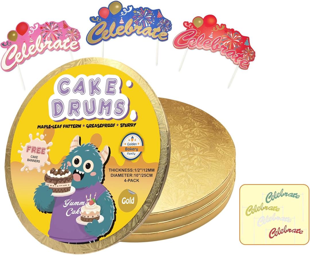 10 Inch Cake Drums,Gold Cake Boards 10 Inch Round(4-Pack),1/2 Inch Thick Cake Boards with Banner Cake Topper,Sturdy,Greaseproof for Birthday Wedding Multi-Tiered Cake by GoldenBakeryFamily
