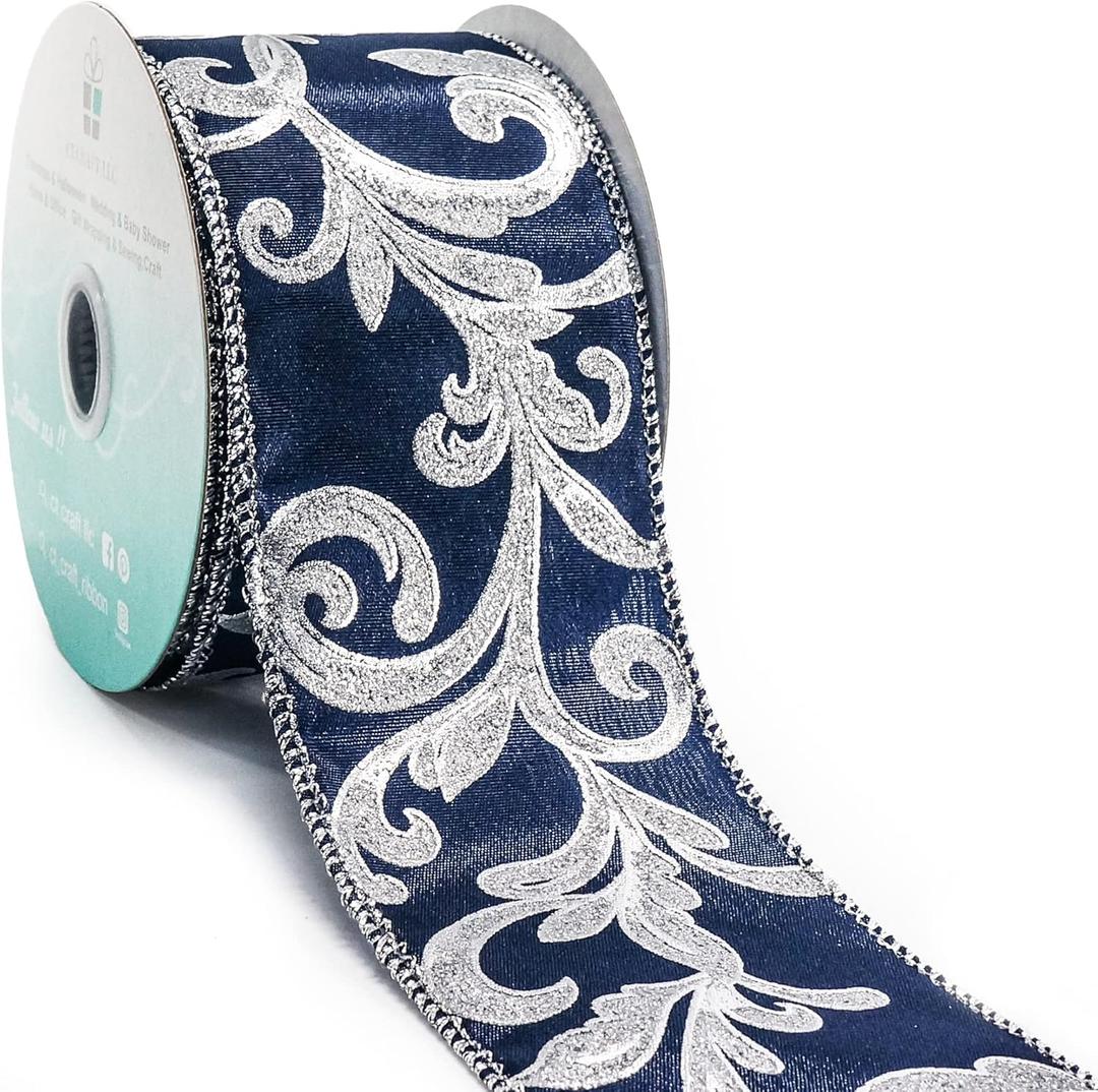 CT CRAFT LLC Royal Satin Silver Swirl Wired Ribbon 2.5 Inch x 10 Yards for Christmas Home Decor Tree Topper Bow Gift Wrapping DIY Crafts Wreath Garland