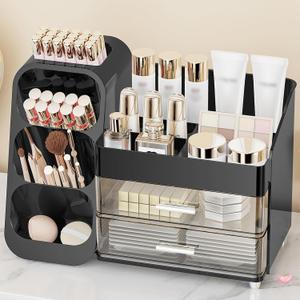 Makeup Organizer with Drawers, Skincare Organizer (Large Size Thick), Storage Box Cosmetic Display Cases, Makeup Organizers for Vanity, Dresser, Desk, Kitchen, Countertop (black)