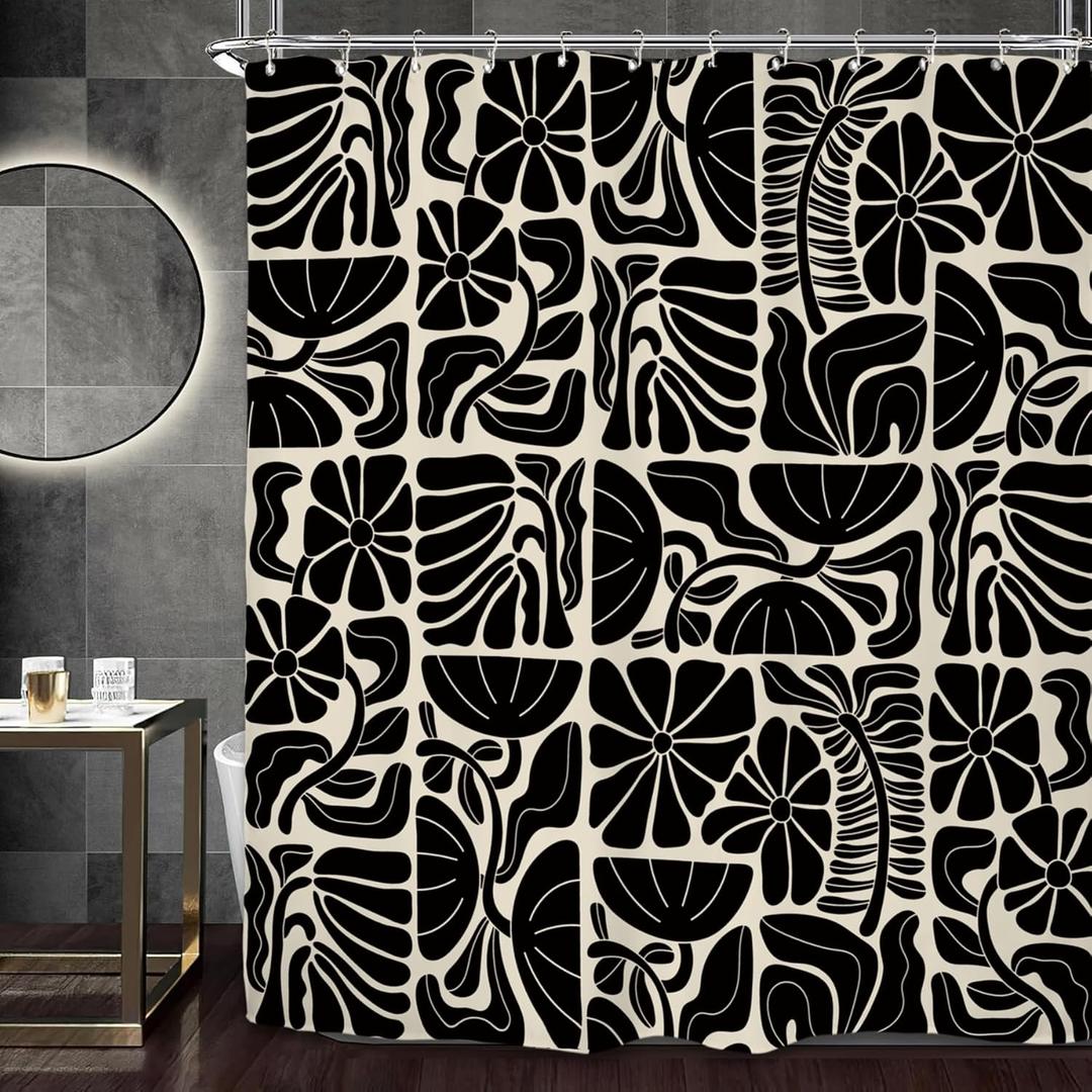 Miyotaa Black Beige Matisse Flower Shower Curtain Set 60Wx71H Inches Retro Vintage Abstract Aesthetic Trendy Funky Groovy Botanical Patchwork Polyester Bathroom Curtain with 12 Hooks