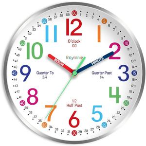 Wall Clock for Kids Learning to Tell Time Easily Non Ticking Battery Operated Kids Teaching Clock Silent Colorful Teaching Time Clock Decorative for Kids Room Classroom School (12 Inch) (Silver)