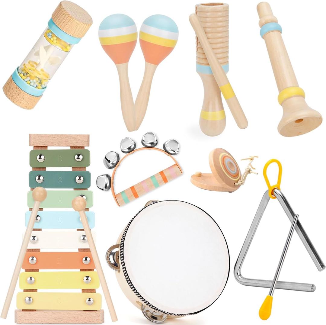 ZJEFUNS Baby Musical Instruments Set Wooden Montessori Toys for Toddlers 1-3 Percussion Instruments Set Modern Boho Music Toys for Kids Preschool Educational.