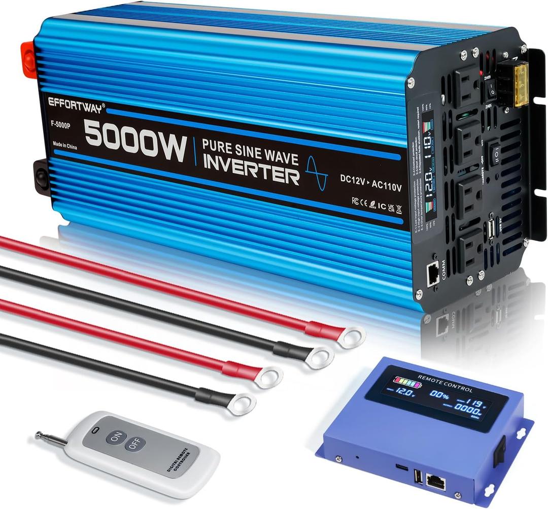 5000W Pure sine Wave Inverter DC 12V to AC 110V/120V Converter 10000w (Peak) with LCD Display Wireless/Wired Remote Control 4AC outlets 4USB and Hardwired AC.Ideal for RV Travel Off-Grid Solar Systems