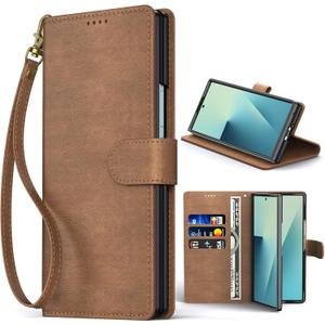 Oududianzi Leather Wallet Case for Samsung Galaxy Z Fold 7, PU Leather Flip Cover with Card Slots, Wrist Strap & Kickstand, Protective Phone Case, Dark Brown