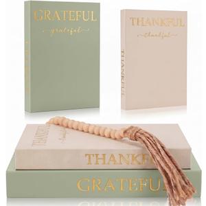 Faccito Set of 2 Linen Decorative Books with Wooden Beaded Garland Tassel Elegant Linen Books Aesthetic Gold Foil Fake Book for Coffee Table Shelf Mantel Storage Boxes, 
(Mint Green)