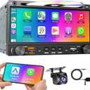 Double Din Car Stereo CD DVD Player with Wireless Carplay&Android Auto, 7 inch Car Radio 4.2Channel Audio Output Bluetooth & Voice Control, Mirror Link, Backup Camera, AM/FM Radio TypeA/C Subwoofer