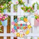2 x 3D Easter Decoration Wooden Door Wreath for Front Door Sign Happy Easter Bunny Egg Wreath Hanging Wall Decor with Colorful Flowers for Home Indoor Outdoor Party Decor