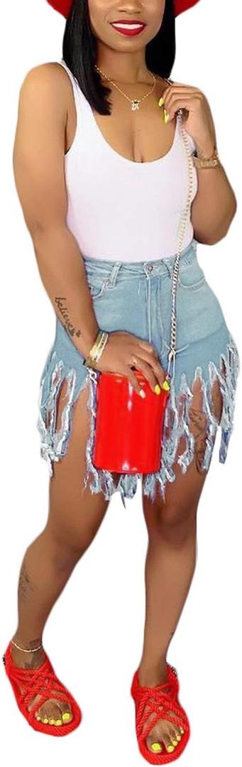 SIAEAMRG Womens Denim Shorts Summer High Waisted Tassels Jean Casual Pocket, Light Blue, XXL