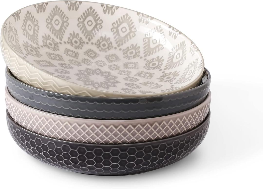 Signature Housewares 36 OZ Shallow Dinner Bowls/Deep Plates Perfect for Spaghetti and Salads - Set of 4 - Large Ceramic Bowls - Colorful Pasta Bowls - Set of 4, Multi-tone Neutral