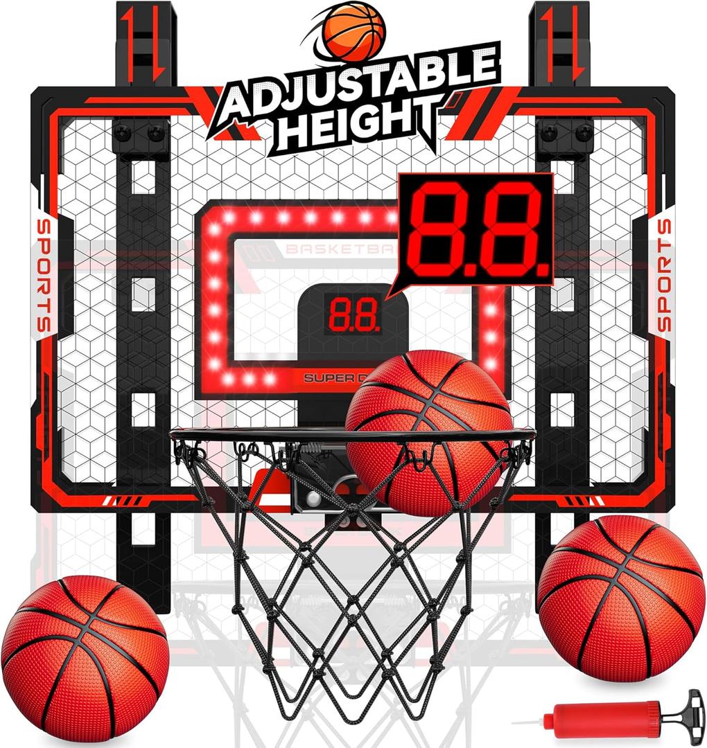 Indoor Basketball Hoop for Kids, Adjustable Height Basketball Hoop Over The Door with LED Light/Scoreboard/3 Balls, Mini Basketball Hoop Easter Birthday Gifts for Boy Girls Ages 4-12+