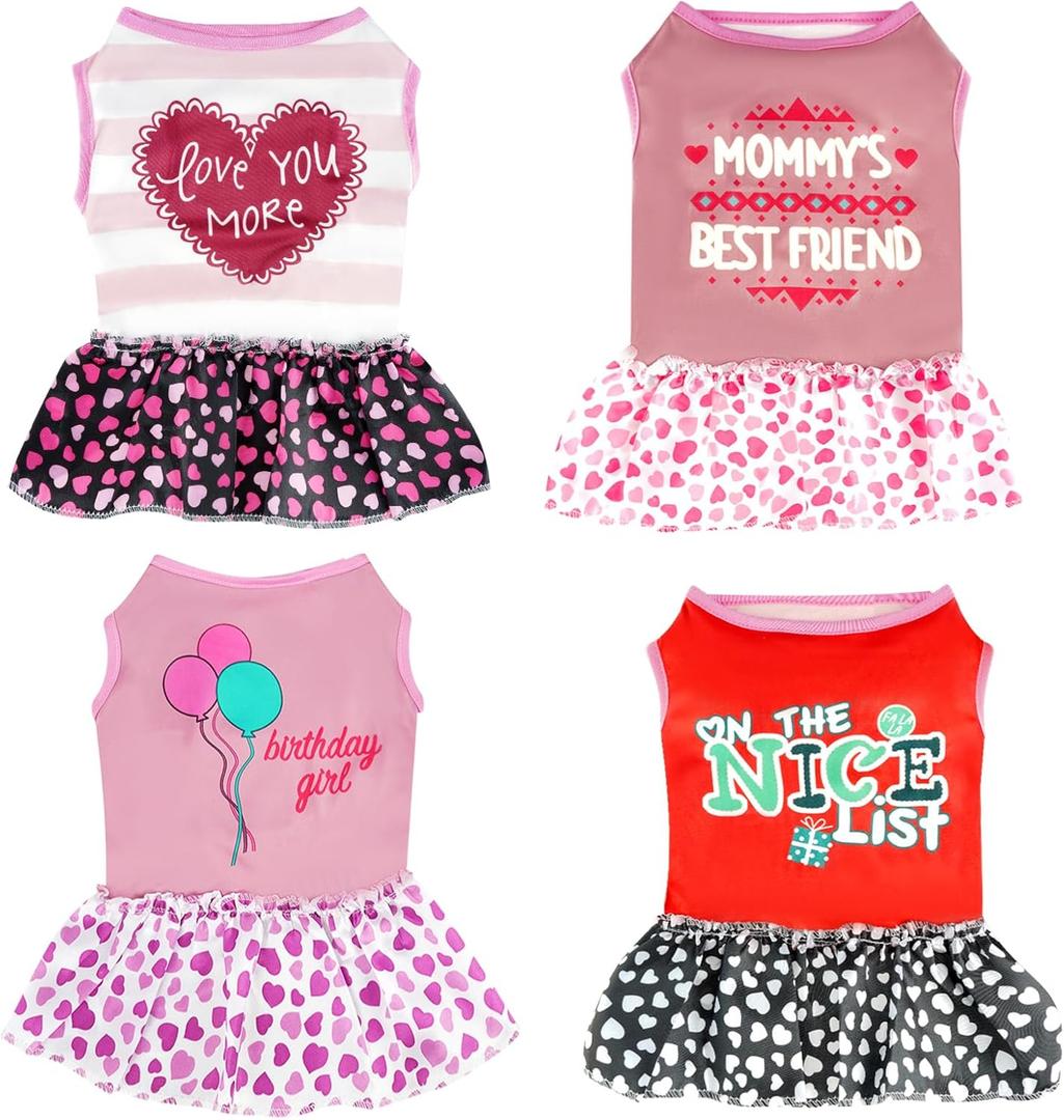 4 Pack Adorable Girl Puppy Printed Doggy Clothes for Small Dogs - Girl Holiday Apparel