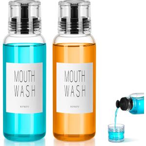 VITVITI Glass Mouthwash Dispenser for Bathroom, 10 OZ Mouth Wash Container Bottle with Lid Cup, Countertop Small Clear Refillable Mouthwash Dispensers Decanter, Set of 2 (Black)