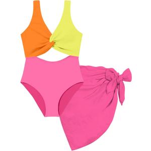 Funnycokid Girls One Piece Swimsuit Color Block Teen Bathing Suit with Pad Cover Up Skirt Yellow Orange(7-16Y)