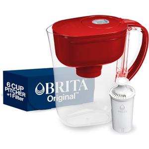 Brita Water Filter Pitcher for Tap and Drinking Water with 1 Standard Filter, Lasts 2 Months, 6-Cup Capacity, BPA Free, Red