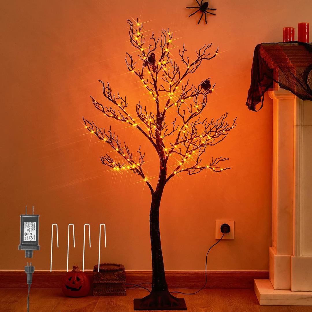 Halloween Tree with Lights Plug in 4FT 150 Orange Fairy Lights, Lighted Black Spooky Tree for Indoor Outdoor Home Fall Halloween Decoration