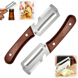 2 x 2PCS Multi-Functional Vegetable Peeler for Kitchen with Wooden Handle and Bottle Opener, 3 in 1 Stainless Steel Green Onion Slicer Kitchen Gadgets Tool for Fruit Veggie Potato Pumpkin Apple Carrot