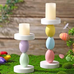 Hushee 2 Pcs Easter Candle Holder Easter Egg Candlestick Holder 9.5 Inch and 7.5 Inch Spring Home Decoration Candlesticks Decorations for Fireplace Party (Lovely)