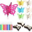 Blosssound 48 Pcs Spring Crafts Set 36 Wood Butterfly for Crafts 3D Butterfly Cutouts with 12 Colored Pens Wooden Unfinished Slices for Painting Summer Tiered Tray Tabletop Decor DIY Handmade