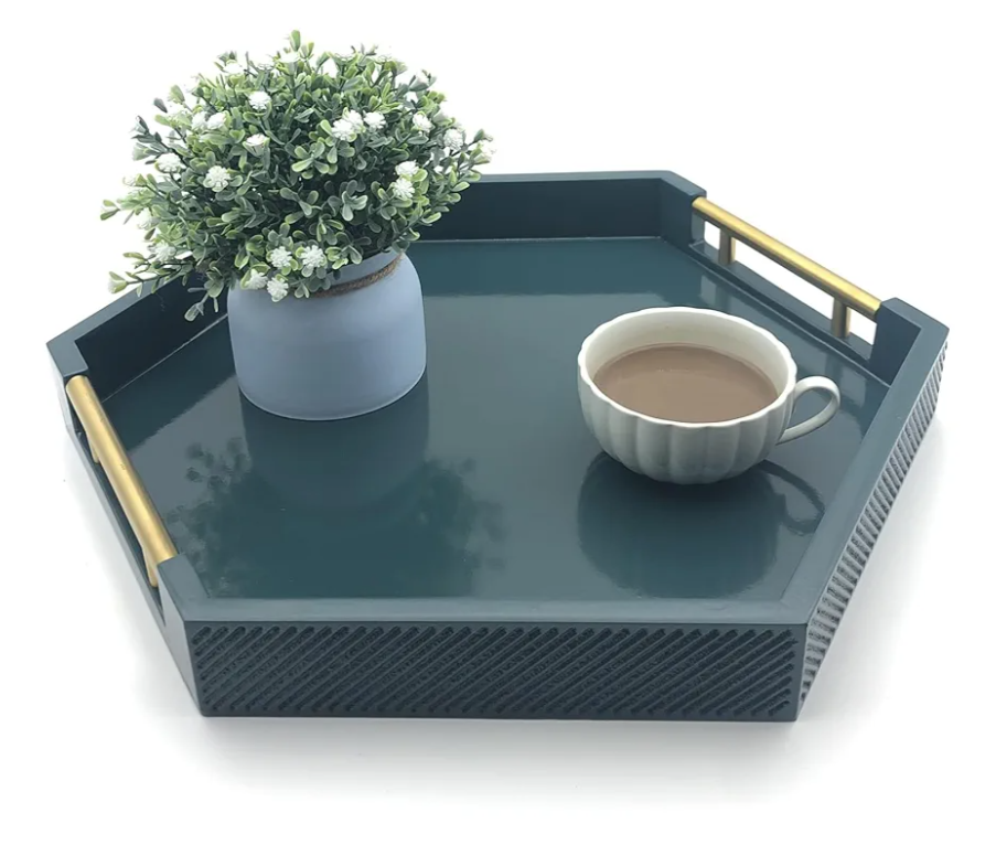 Serving Tray with Polished Metal Handles, Hexagon Coffee Table Tray, Modern Rectangle Decorative Tray, Large Ottoman Tray, Perfect for Storage and Display (Teal Hexagon)