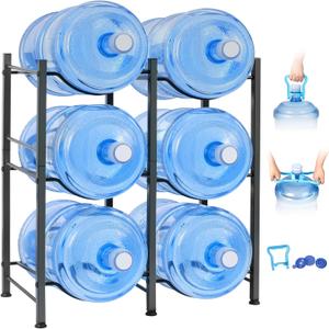 Klvied 5 Gallon Water Jug Holder - 3 Tier Rack, Heavy Duty Stand for 6 Bottles with Lifter and Cap (Black)