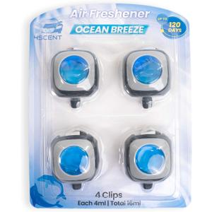 Car Air Fresheners Vent Clip | Perfect Scented Car Accessories for Men and Women | Essential Car Odor Eliminator | Long-Lasting Fragrance up to 120 Days | 4 Count 4 ml Each | Ocean Breeze