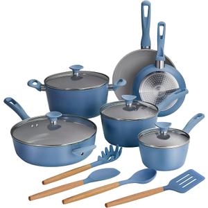 Tramontina Solara 14-Piece Ceramic Non Stick Cookware Set with Lids, Heavy-Gauge Aluminum Pots and Pans Kitchen Set with Nonstick Coating, Dishwasher and Oven Safe (Blue), 23.000 x 15.938 x 12.750