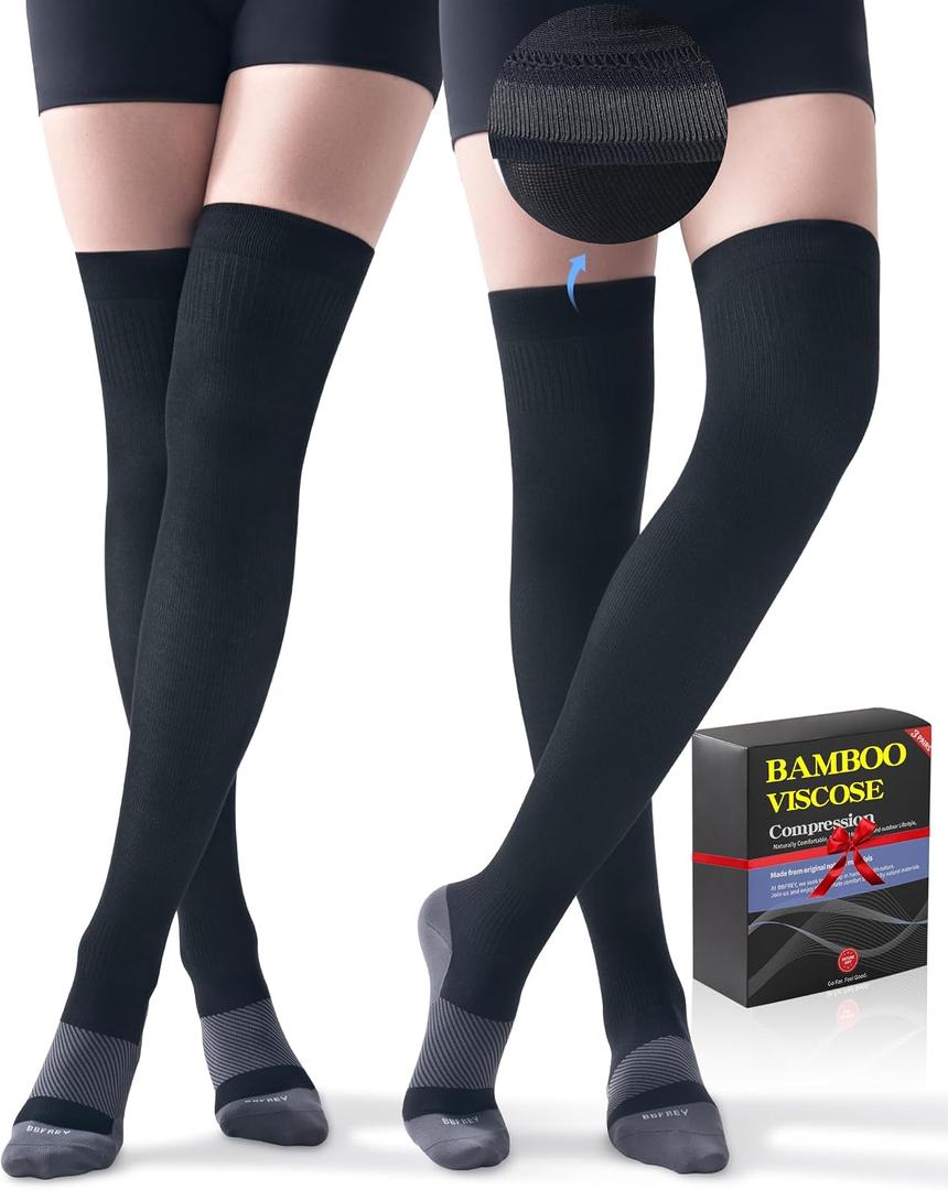 Bamboo Viscose Thigh High Compression Socks for Women Men 15-20 mmHg - Over Knee Compression Stockings with Grip Top, S/M