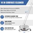 janz 14" Pressure Washer Surface Cleaner with 4 Wheels, Stainless Steel Housing, 1/4" Quick Plug, 2 Extension Wands, 2 Replacement Nozzles and 3 Spray Nozzles, 4000 PSI