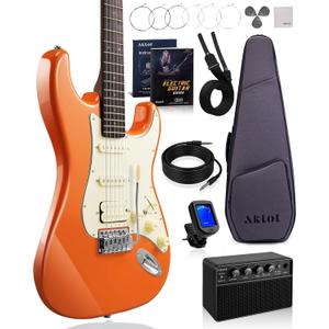 AKLOT Beginner Electric Guitar Kit: 10W Amp, Coil-Split HSS Pickups, Lesson Book, Roasted Maple Neck, Gig Bag, Tuner, Strap, Picks, Stryde Blaze Orange
