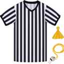 obmwang Referee Shirt for Womens and Mens, Black and White Stripe Umpire Jersey V Neck Ref Uniform for Football Halloween (Large)